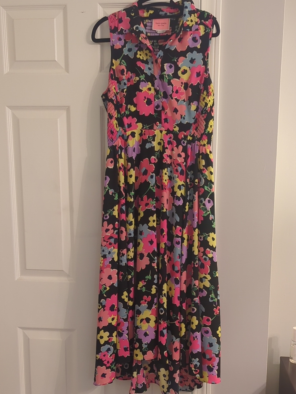 Kate Spade Black Sleeveless Floral Midi Dress with Pink, Yellow, Blue Flowers 10